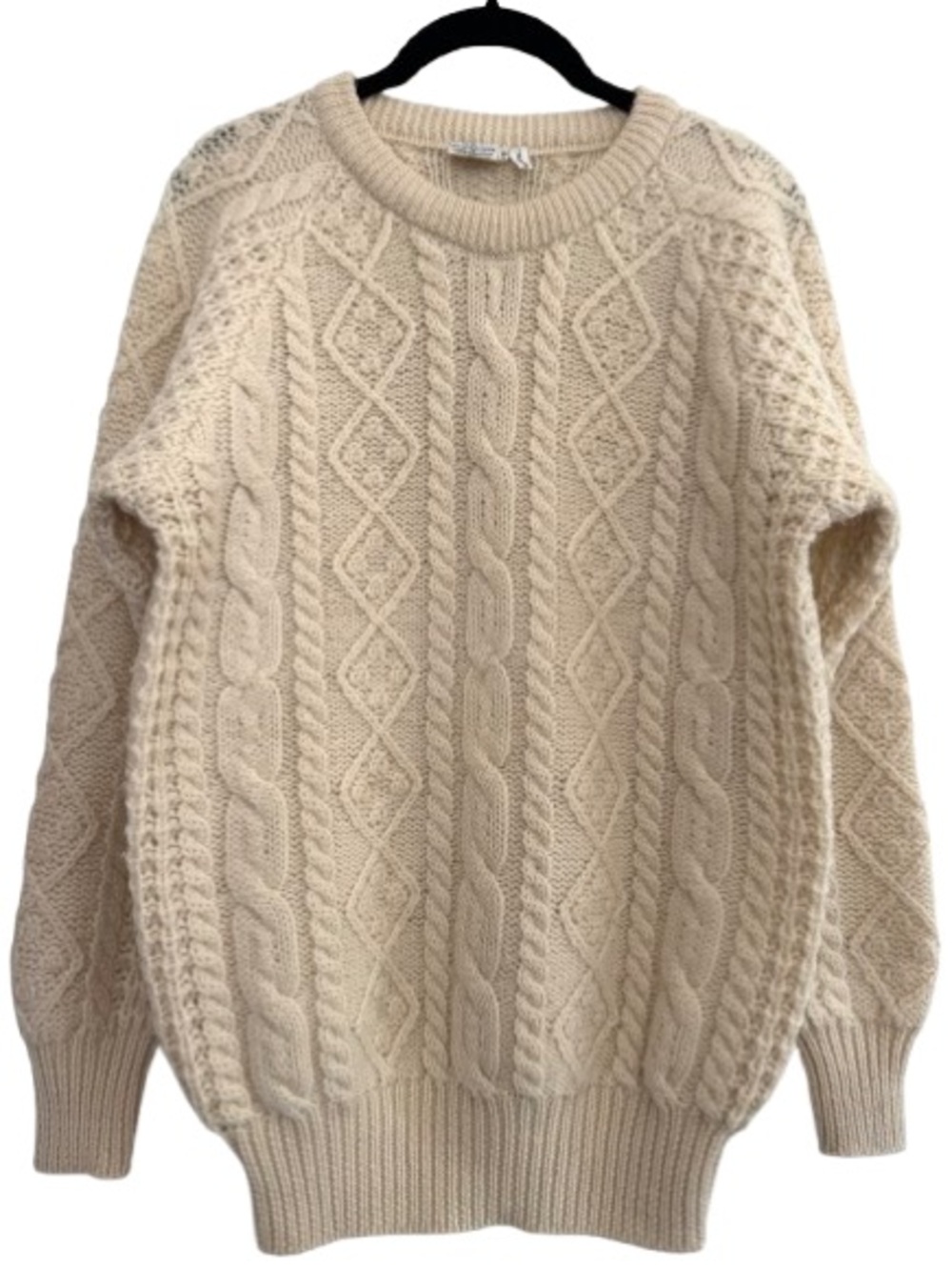 Vintage Gin Tonic 100% Wool Irish Fisherman Cable Knit Crewneck Sweater Cream
